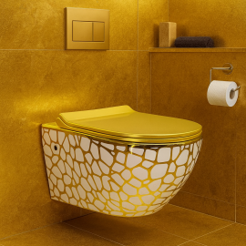 GoldElegance – Beyaz Gold Desenli Asma Klozet (Amortisörlü Kapak Dahil)