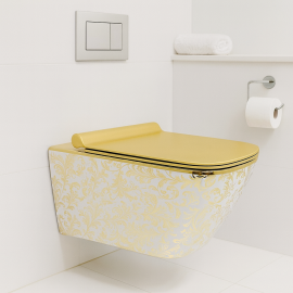 RoyalGold – Desenli Beyaz Gold Kare Asma Klozet (Amortisörlü Kapak Dahil)