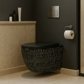 GeoBlack – Geometrik Desenli Siyah Asma Klozet (Amortisörlü Kapak Dahil)