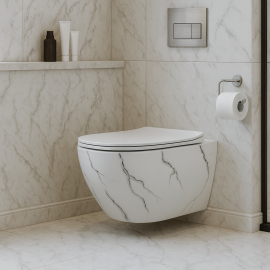 MarbleWhite – Mermer Desenli Beyaz Asma Klozet (Amortisörlü Kapak Dahil)