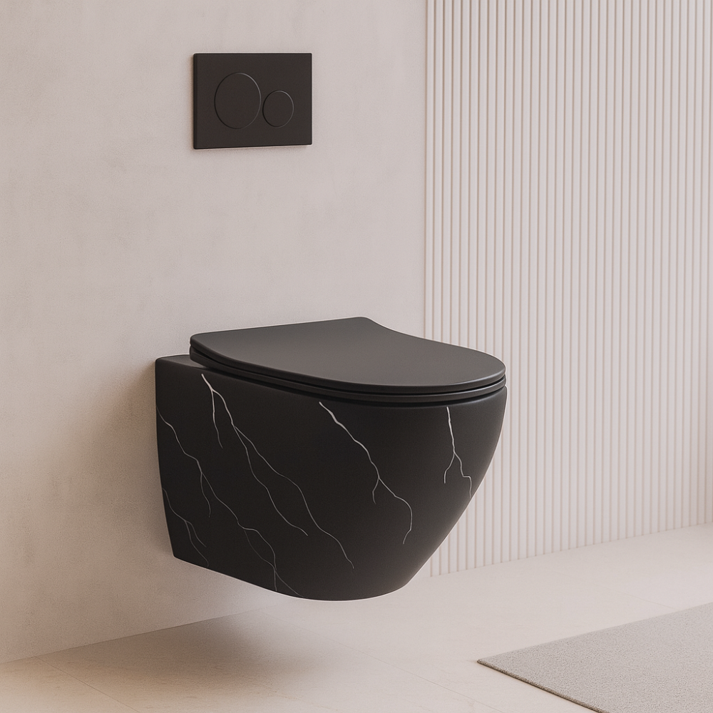 MarbleBlack – Mermer Desenli Siyah Asma Klozet (Amortisörlü Kapak Dahil)