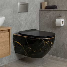 RoyalMarble – Siyah Gold Mermer Desenli Asma Klozet (Amortisörlü Kapak Dahil)