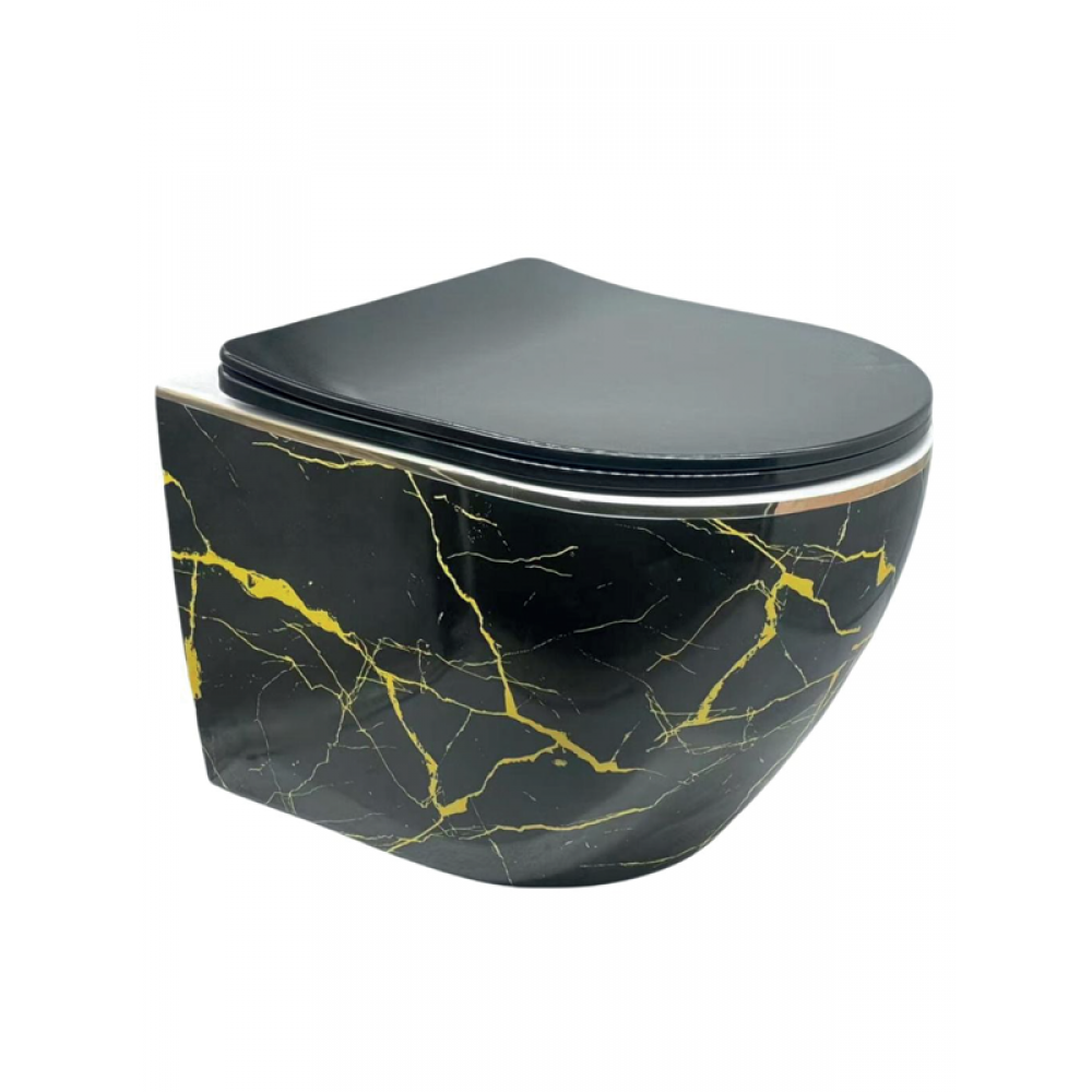 RoyalMarble – Siyah Gold Mermer Desenli Asma Klozet (Amortisörlü Kapak Dahil)