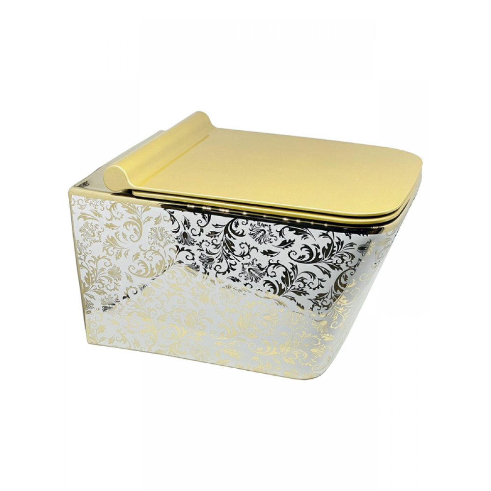 RoyalGold – Desenli Beyaz Gold Kare Asma Klozet (Amortisörlü Kapak Dahil)
