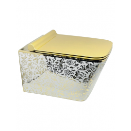 RoyalGold – Desenli Beyaz Gold Kare Asma Klozet (Amortisörlü Kapak Dahil)