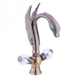 RoyalSwan Antik Kuğu Lavabo Bataryası – Çift Kristal Kollu, Eskitme Pirinç Gövde