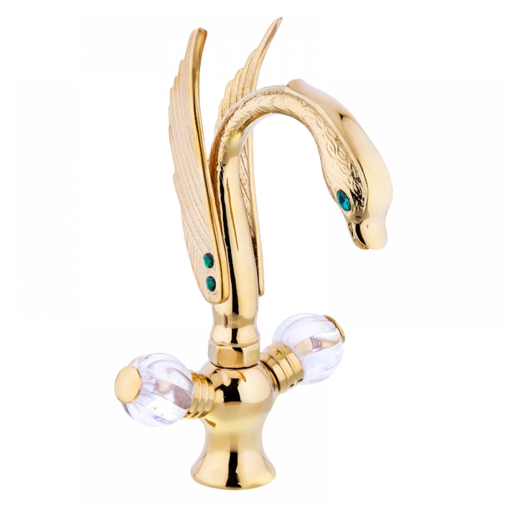 RoyalSwan Altın Kuğu Lavabo Bataryası – Çift Kristal Kollu, Gold Kaplama Lüks Tasarım
