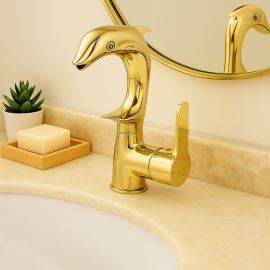 DolphinGold Yunus Figürlü Gold Lavabo Bataryası – 360° Döner Başlık, Su Tasarruflu