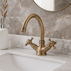 VintageRoyal Eskitme Antik Lavabo Bataryası – Çift Kollu, Eskitme Pirinç Gövde, 360° Döner Borulu