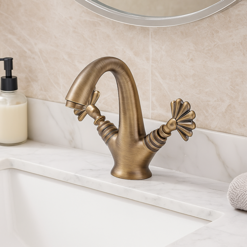 ClassicFan Eskitme Antik Lavabo Bataryası – Sabit Borulu, Retro Tavroz Kollar