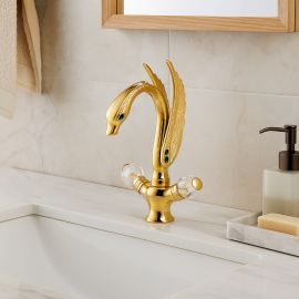 RoyalSwan Altın Kuğu Lavabo Bataryası – Çift Kristal Kollu, Gold Kaplama Lüks Tasarım