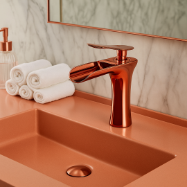 RoseCascade Şelale Akışlı Rose Gold Bakır Lavabo Bataryası –  Modern Tasarım
