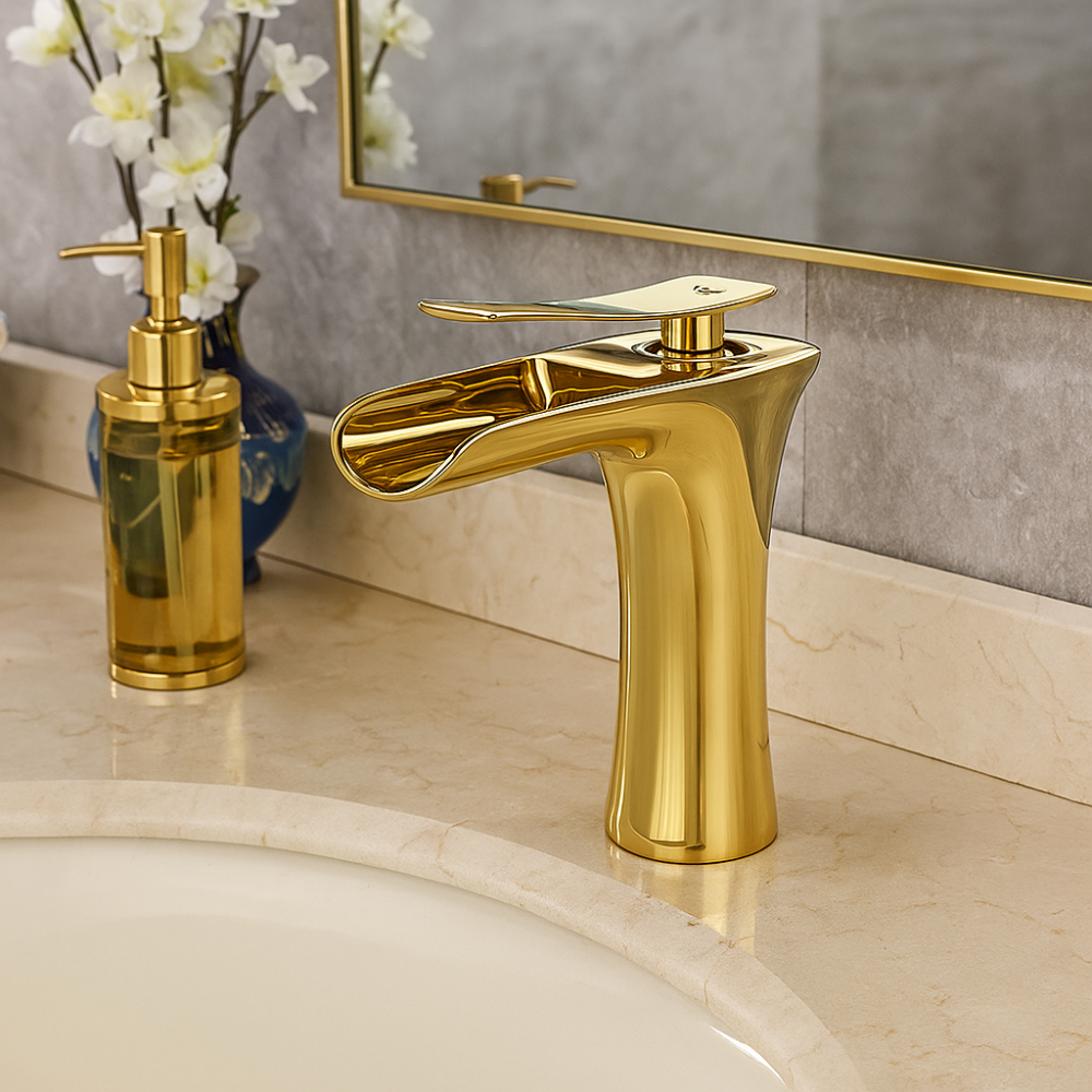 GoldStream Şelale Akışlı Gold Altın Lavabo Bataryası – Lüks Tasarım