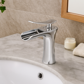 SilverFall Şelale Akışlı Krom Lavabo Bataryası – Parlak Yüzey