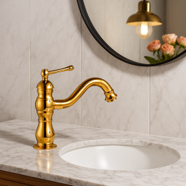 RetroGold Klasik Döner Borulu Gold Altın Lavabo Bataryası