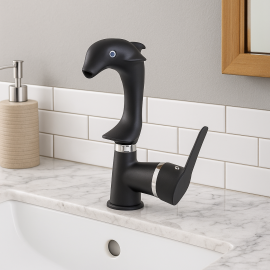 DolphinBlack Yunus Figürlü Mat Siyah Lavabo Bataryası – 360° Döner Başlık, Su Tasarruflu