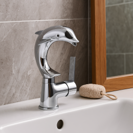 DolphinChrome Yunus Figürlü Krom Lavabo Bataryası – 360° Döner Başlık, Su Tasarruflu