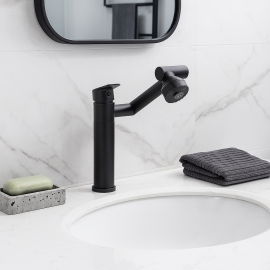 DualFlow Mat Siyah Lavabo Bataryası – Döner Borulu, Yağmur ve Perlatörlü Çift Akışlı