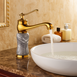 Verona Gold Mermer Gövdeli Lavabo Bataryası – Lüks Tasarım, Pirinç Gövde, Su Tasarruflu