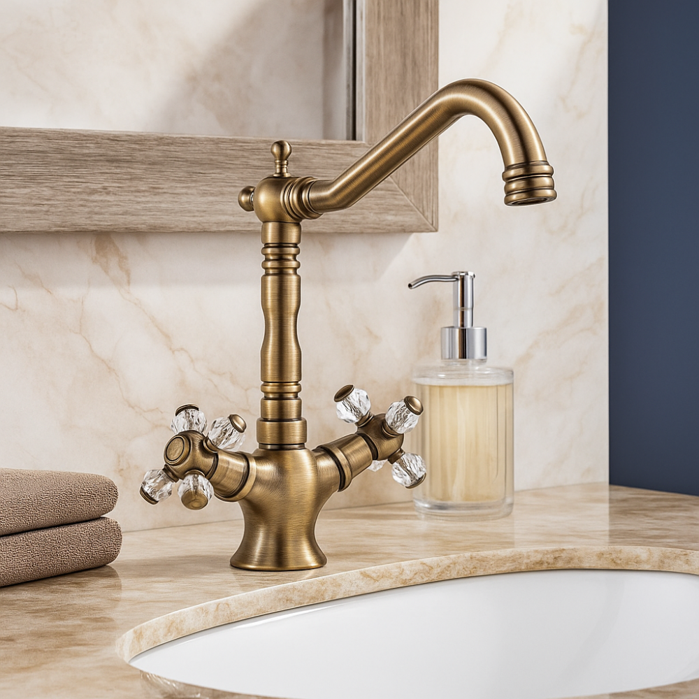 CrystalCross Antik Bronz Lavabo Bataryası – Kristal Kollu, Döner Borulu, Klasik Tasarım CrystalCross Antik Bronz Lavabo Bataryası – Kristal Kollu, Döner Borulu, Klasik Tasarım