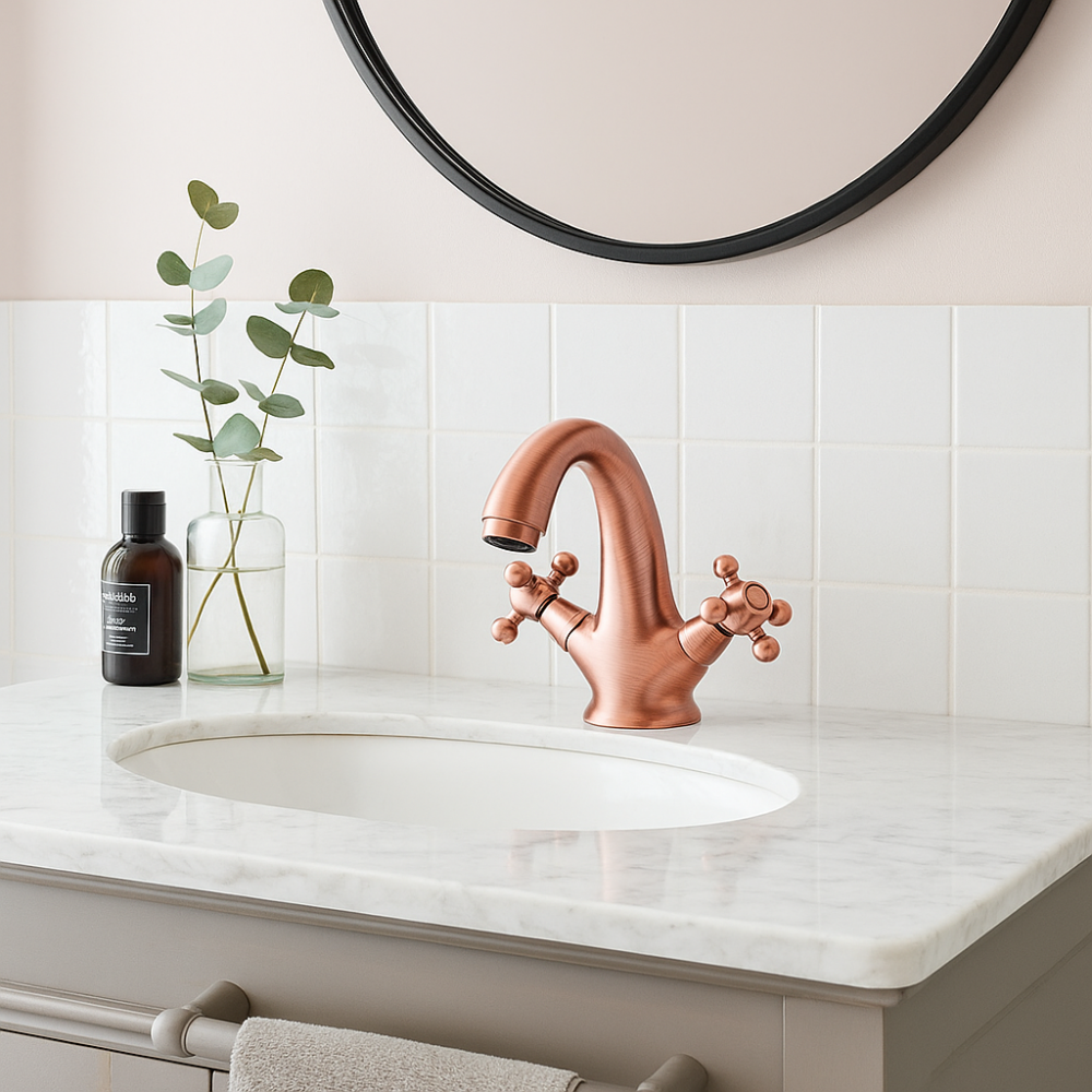 Bakır Eskitme Klasik Lavabo Bataryası – Çift Kollu Retro Tasarım, Su Tasarruflu Bakır Eskitme Klasik Lavabo Bataryası – Çift Kollu Retro Tasarım, Su Tasarruflu