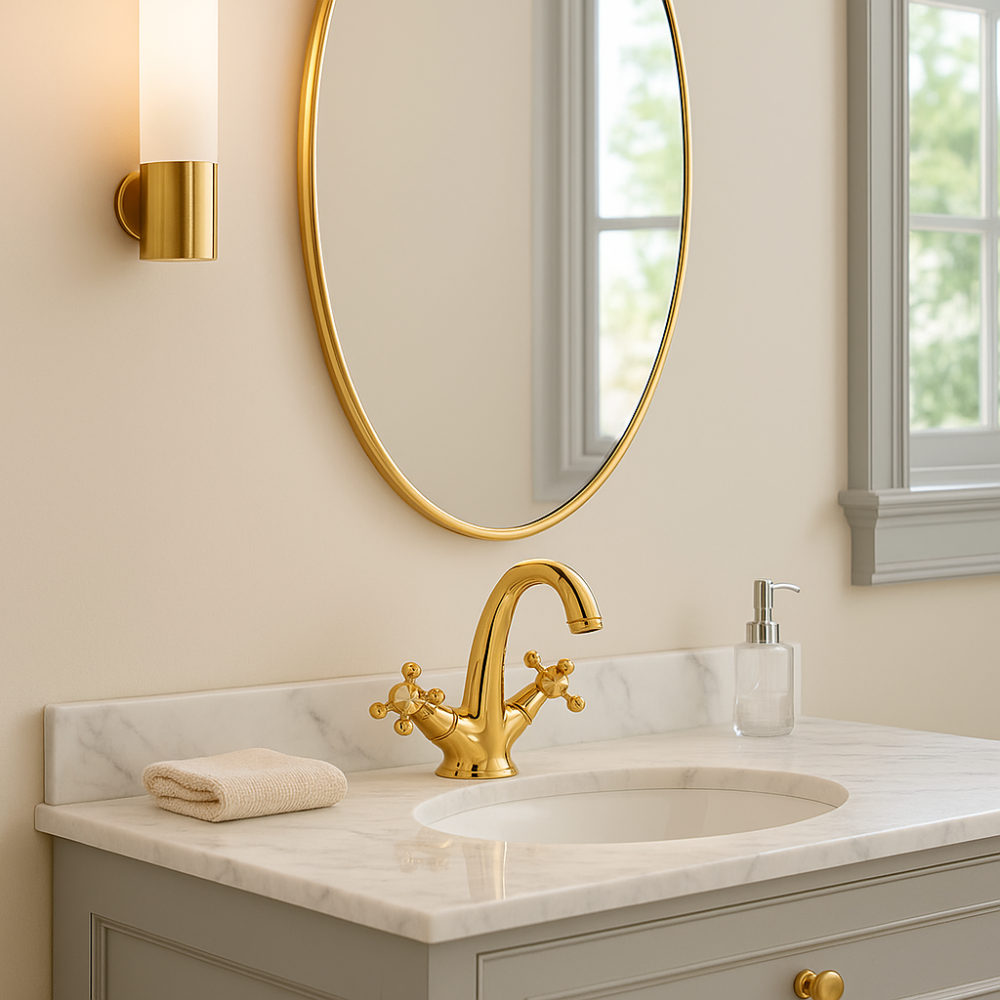 Altın Gold Klasik Lavabo Bataryası – Çift Kollu Retro Tasarım, Su Tasarruflu Altın Gold Klasik Lavabo Bataryası – Çift Kollu Retro Tasarım, Su Tasarruflu