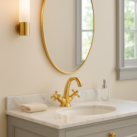 Altın Gold Klasik Lavabo Bataryası – Çift Kollu Retro Tasarım, Su Tasarruflu