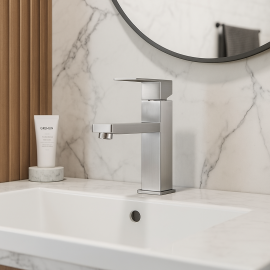 CubeLine Inox Lavabo Bataryası – Fırçalanmış Çelik Görünümlü, Su Tasarruflu