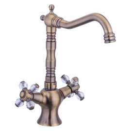 CrystalCross Antik Bronz Lavabo Bataryası – Kristal Kollu, Döner Borulu, Klasik Tasarım