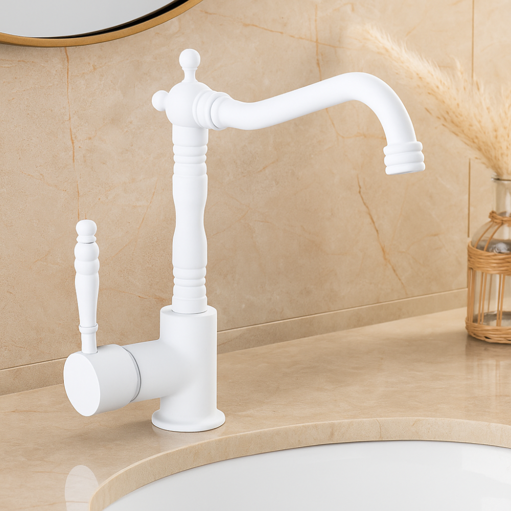 Valente Mat Beyaz Lavabo Bataryası – Kavisli Borulu, Klasik Tarz, Su Tasarruflu Valente Mat Beyaz Lavabo Bataryası – Kavisli Borulu, Klasik Tarz, Su Tasarruflu