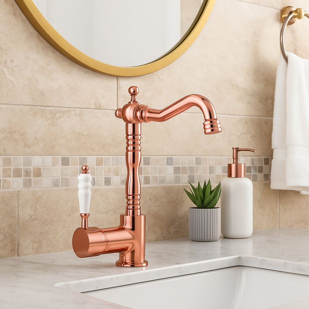 Valente Rose Gold Bakır Lavabo Bataryası – Kavisli Borulu, Lüks Görünüm, Su Tasarruflu Valente Rose Gold Bakır Lavabo Bataryası – Kavisli Borulu, Lüks Görünüm, Su Tasarruflu