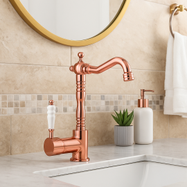 Valente Rose Gold Bakır Lavabo Bataryası – Kavisli Borulu, Lüks Görünüm, Su Tasarruflu