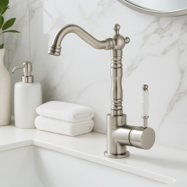 Valente Inox Lavabo Bataryası – Kavisli Borulu, Paslanmaz Görünüm, Su Tasarruflu