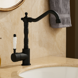 Valente Mat Siyah Lavabo Bataryası – Kavisli Borulu, Modern Tarz, Su Tasarruflu