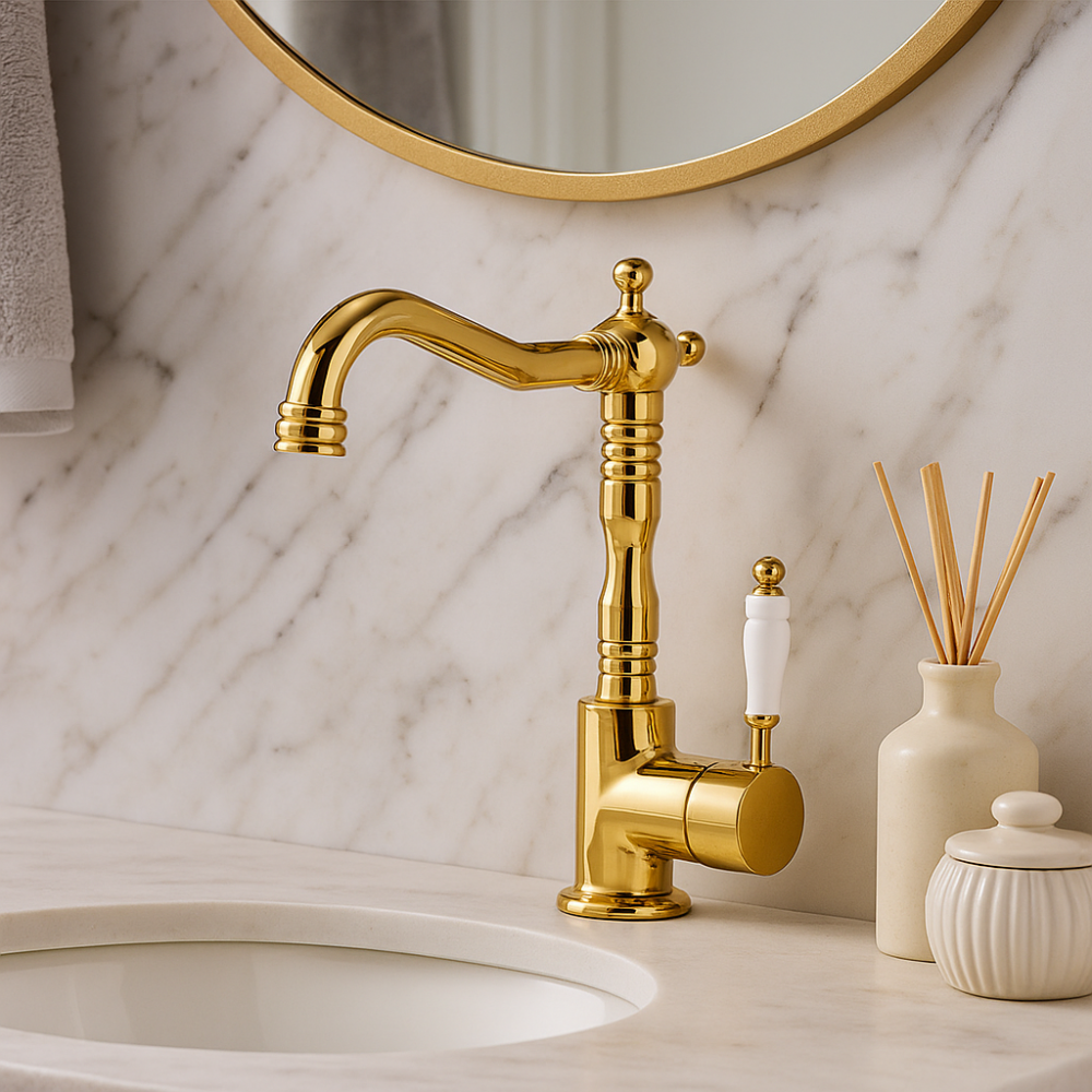 Valente Altın Gold Lavabo Bataryası – Kavisli Borulu, Klasik Tarz, Su Tasarruflu Valente Altın Gold Lavabo Bataryası – Kavisli Borulu, Klasik Tarz, Su Tasarruflu
