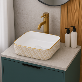 GeoGold Geometrik Desenli Kare Seramik Tezgah Üstü Çanak Lavabo – 38.5x38.5 cm