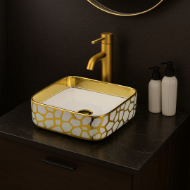 LuxeGeo Gold Geometrik Desenli Kare Seramik Tezgah Üstü Çanak Lavabo – 38.5x38.5 cm