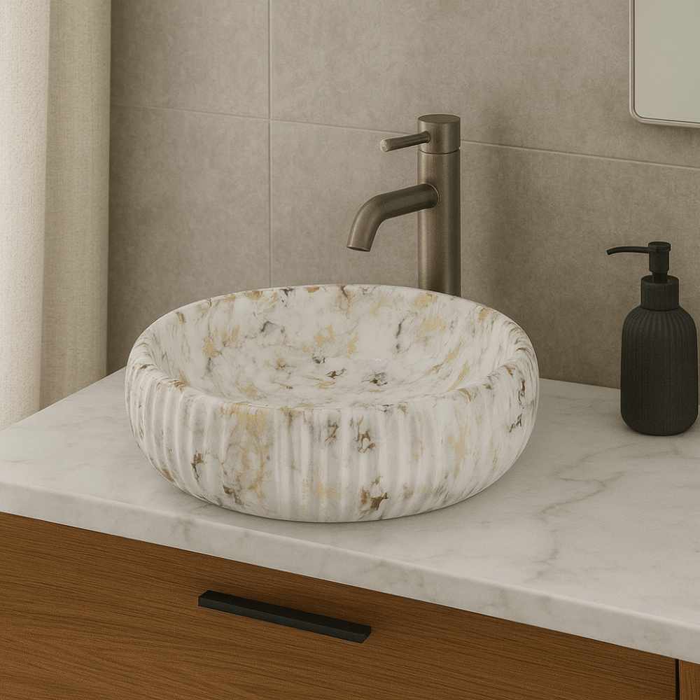 MarbleTouch Mermer Desenli Yuvarlak Seramik Tezgah Üstü Çanak Lavabo – 40x40 cm