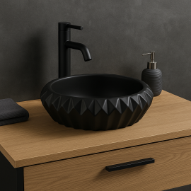 RoyalBlack Siyah Yuvarlak Seramik Tezgah Üstü Çanak Lavabo – 42x42 cm