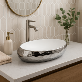 SilverWave Gümüş Oval Seramik Tezgah Üstü Çanak Lavabo – 52x32 cm