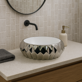 RoyalSilver Gümüş Yuvarlak Seramik Tezgah Üstü Çanak Lavabo – 42x42 cm