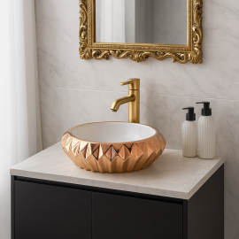 RoyalRose Rose Gold Yuvarlak Seramik Tezgah Üstü Çanak Lavabo – 42x42 cm