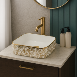 FloraGold Beyaz Gold Çiçek Desenli Kare Seramik Tezgah Üstü Çanak Lavabo – 38.5x38.5 cm