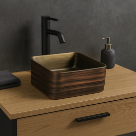 BronzeLine Mat Bronz & Kırmızı Bakır Kare Seramik Tezgah Üstü Çanak Lavabo – 40x40 cm