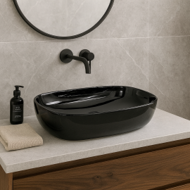 BlackShine Parlak Siyah Seramik Tezgah Üstü Çanak Lavabo – 60x39 cm