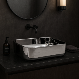 SilverEdge Gümüş Köşeli Seramik Tezgah Üstü Çanak Lavabo – 40x30 cm