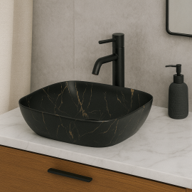 MarbleLine Siyah Mermer Desenli Seramik Tezgah Üstü Çanak Lavabo – 50x39 cm
