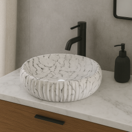 MarbleLine Beyaz Siyah Mermer Desenli Yuvarlak Seramik Tezgah Üstü Çanak Lavabo – 40x40 cm