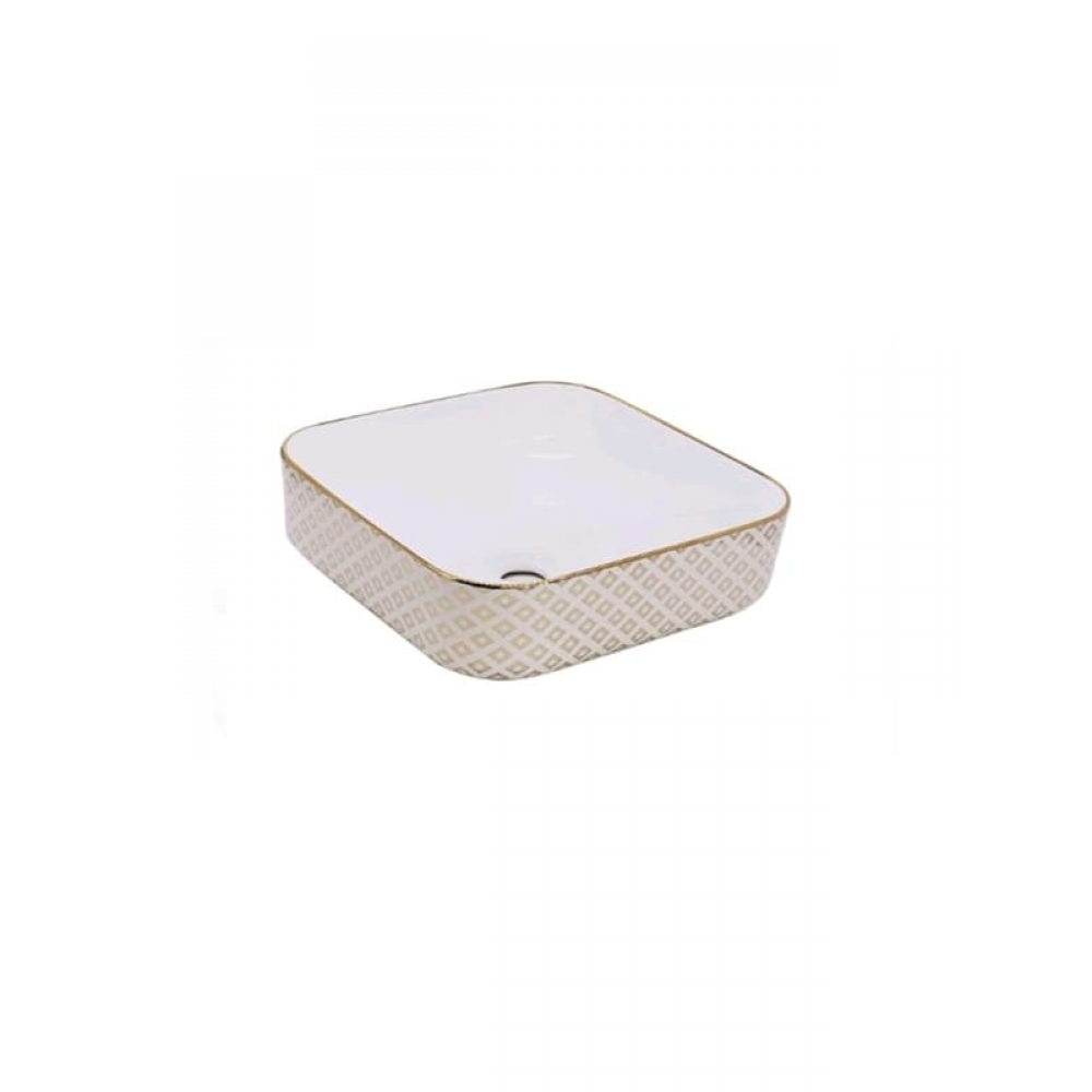 GeoGold Geometrik Desenli Kare Seramik Tezgah Üstü Çanak Lavabo – 38.5x38.5 cm