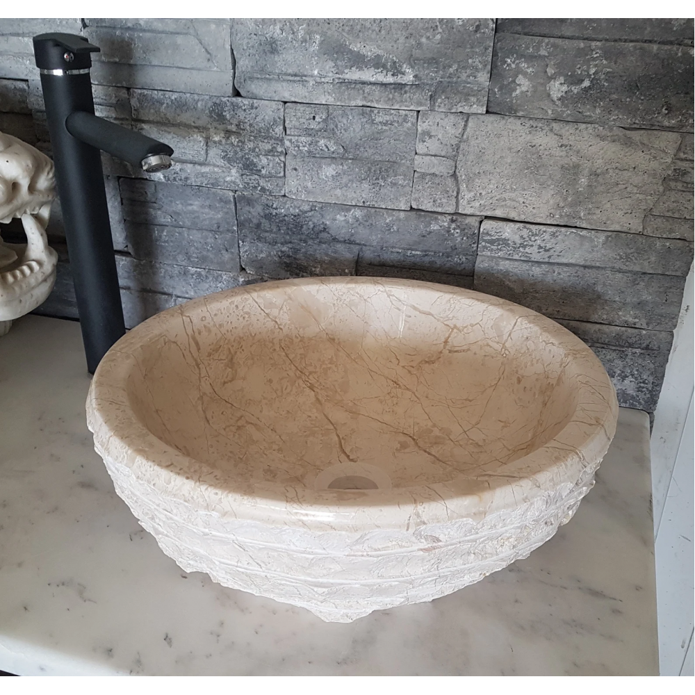 Bej Doğal Taş El İşçiliği Oval Çanak Lavabo – 42x42 Bej Doğal Taş El İşçiliği Oval Çanak Lavabo – 42x42